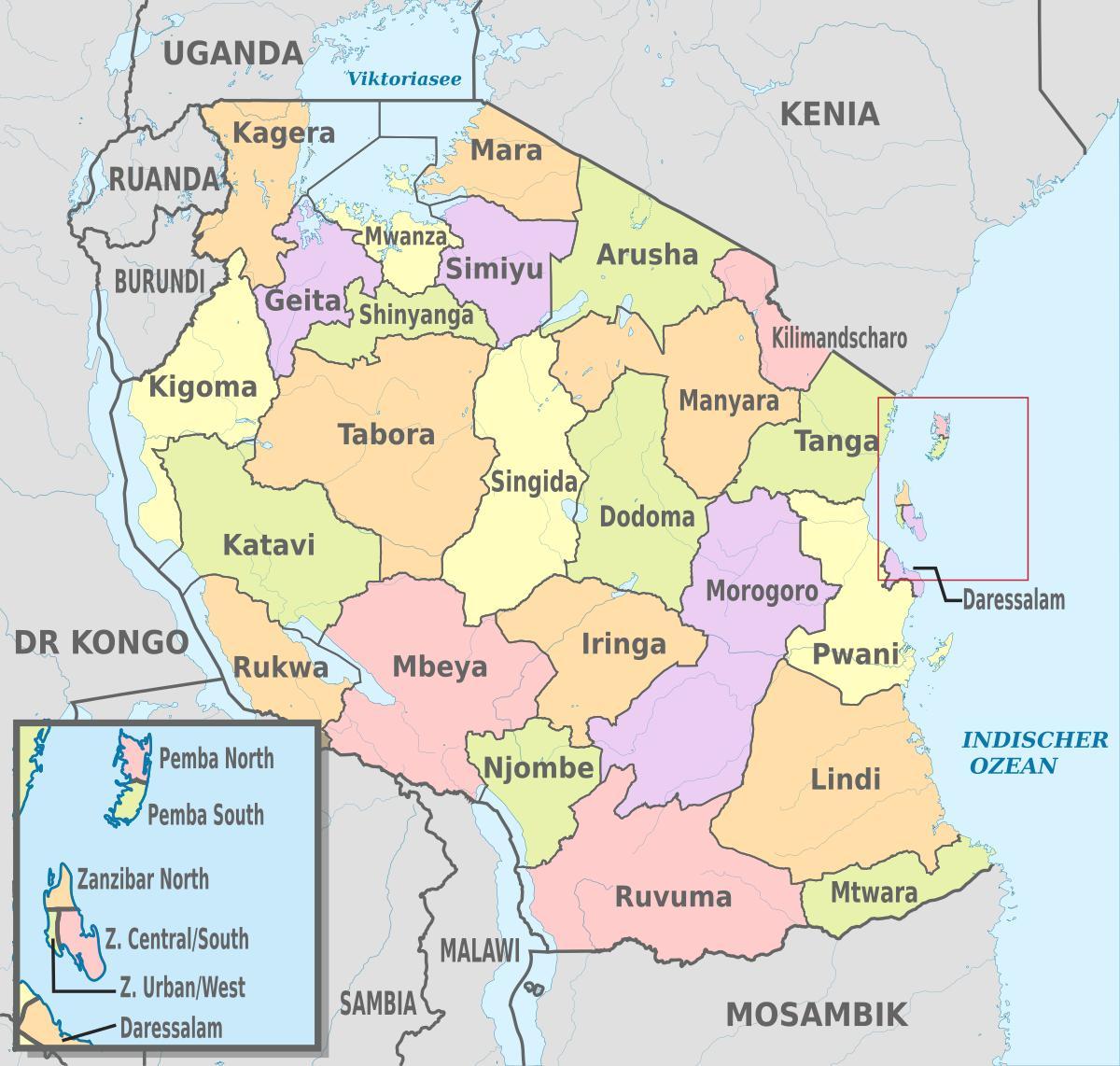 карта Танзанији са назнаком региона и округа
