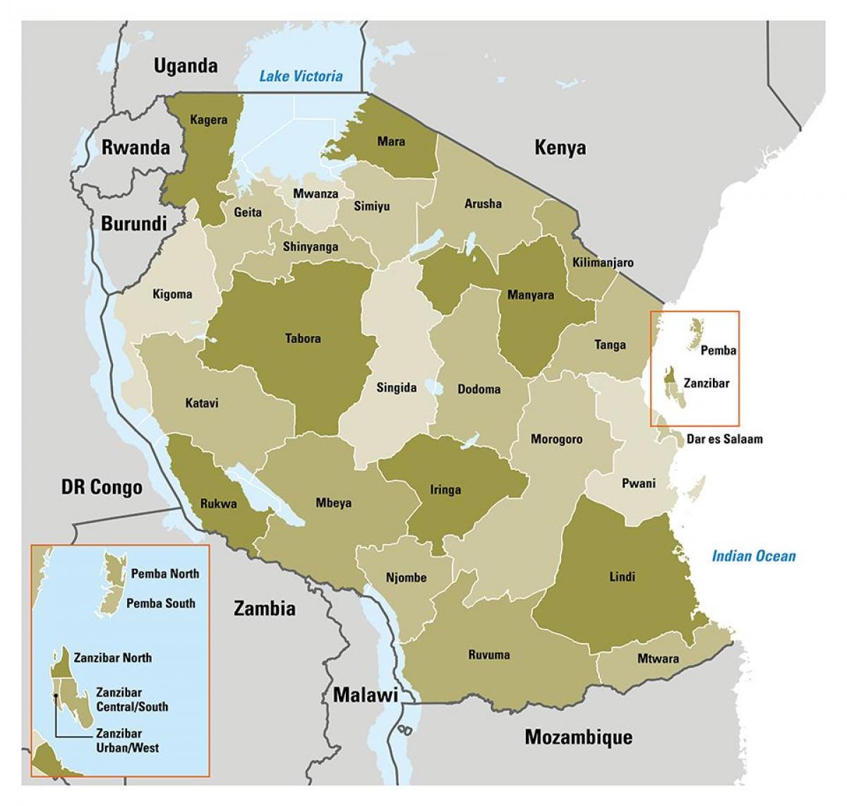 карта Танзаније показује регионима