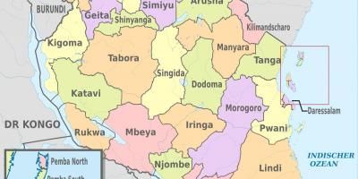 Карта Танзанији са назнаком региона и округа