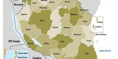 Карта Танзаније показује регионима